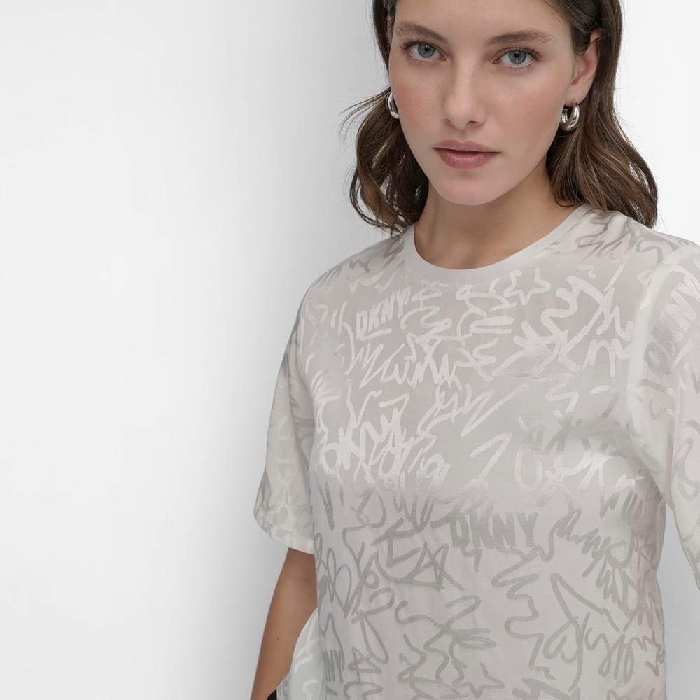 DKNY Womens White Graffiti Logo Jacquard Short Sleeve Blouse Top Size S New